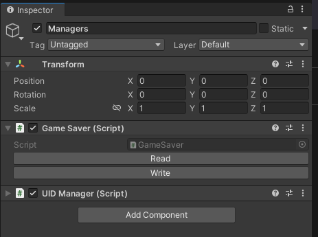 GameSaver and UIDManager components added to a GameObject