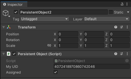 The persistentObject component added to a GameObject. It has a long number as its UID and is marked as &quot;assigned&quot;